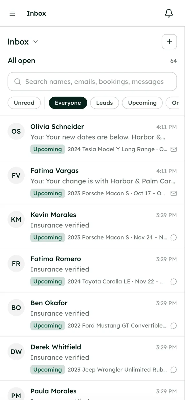 The RentHive inbox on a phone: conversations and a renter's thread
