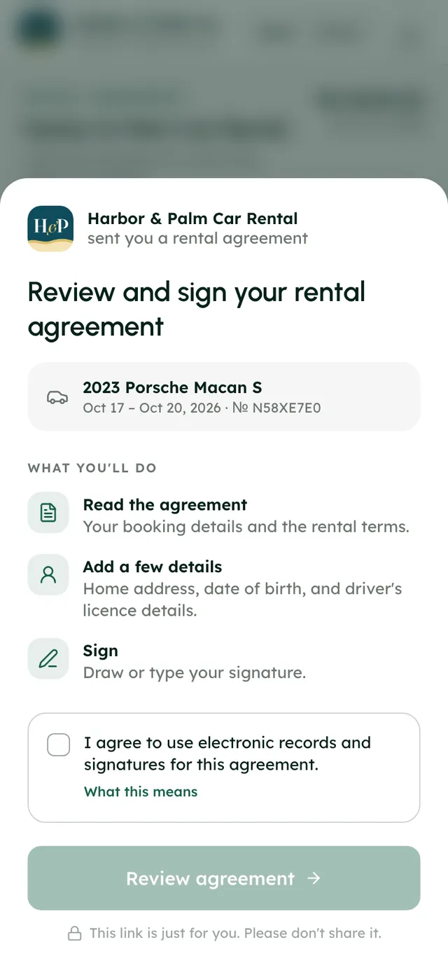 A renter signing their rental agreement on a phone