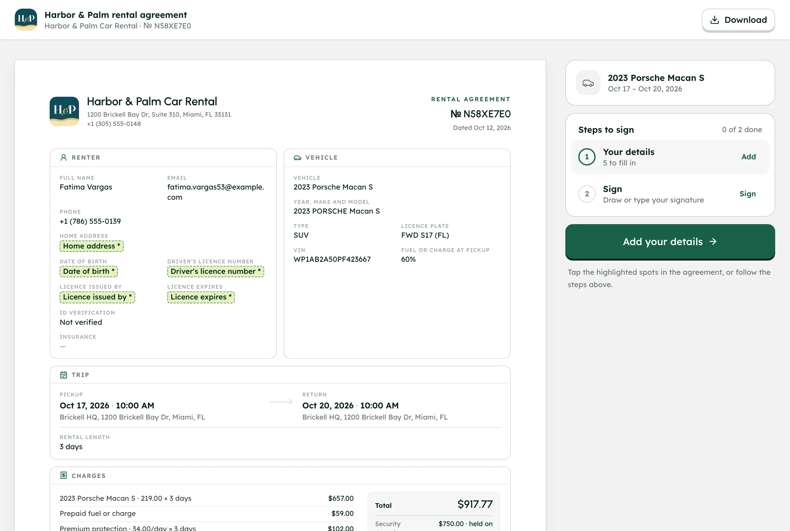 Filled in from the booking