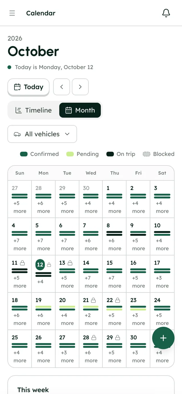 The RentHive calendar on a phone: month and timeline views